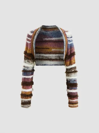Fuzzy Collarless Stripe Knitted Crop Shrug