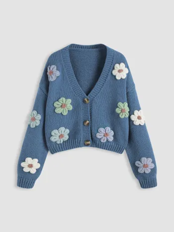 V-Ausschnitt Knopf Blumen Strickjacke