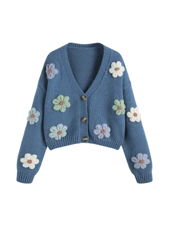 Knit Fabric V-neck Button Flower Cardigan For School Daily Casual Date ...