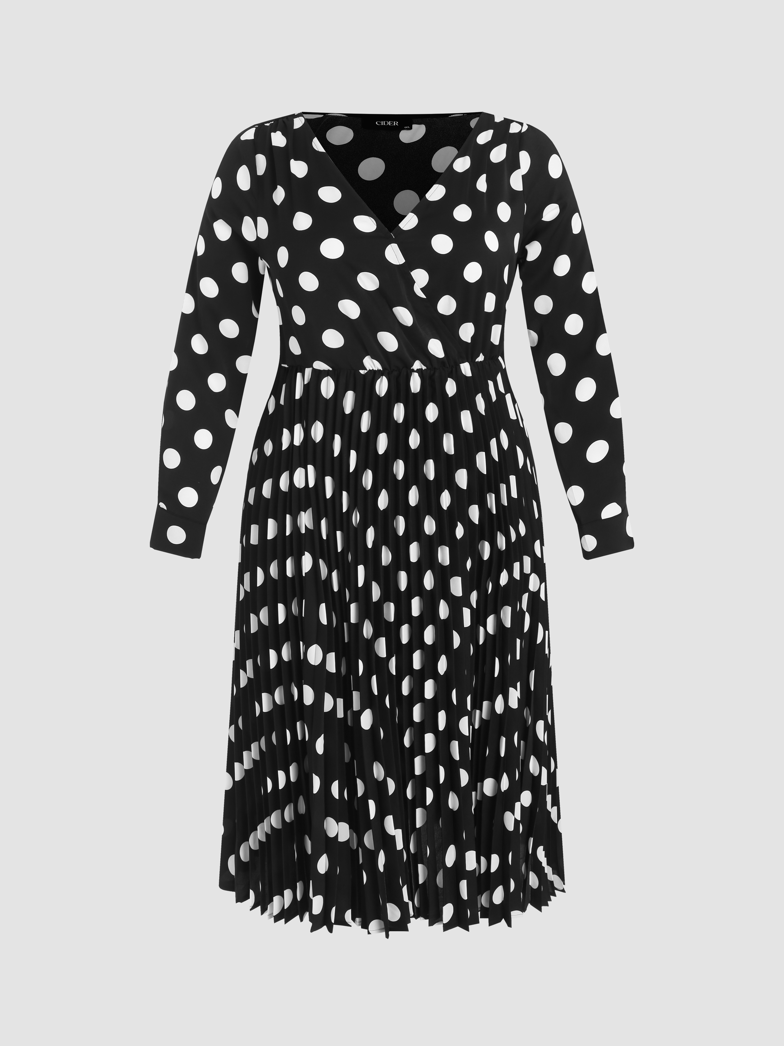 A Line V Neck Midi White Black Polka Dots Dress main image 1