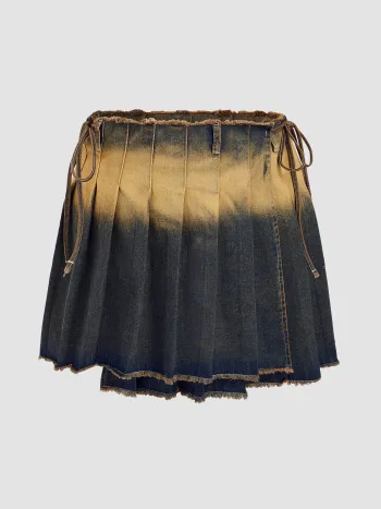 Denim Washed Raw Hem Pleated Knotted Mini Skirt Curve & Plus