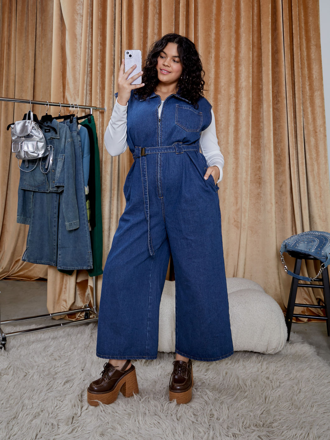Denim-Taschen-Reißverschluss-Overall mit Gürtel Kurve & Plus