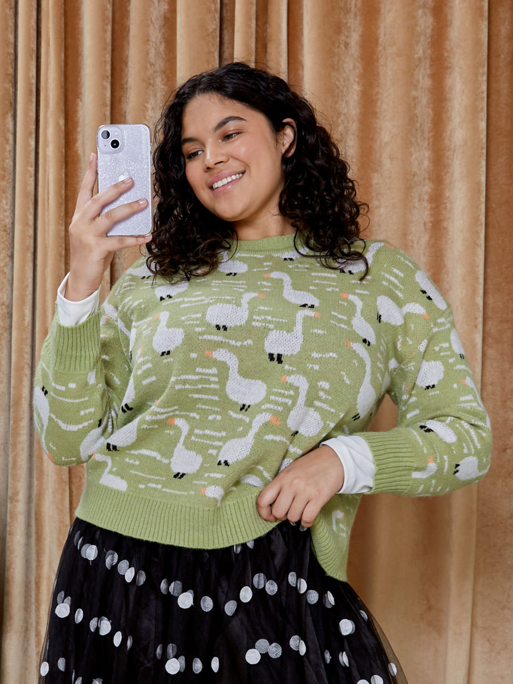 Curve & Plus Duck Pattern Round Neckline Crop Sweater For School Daily