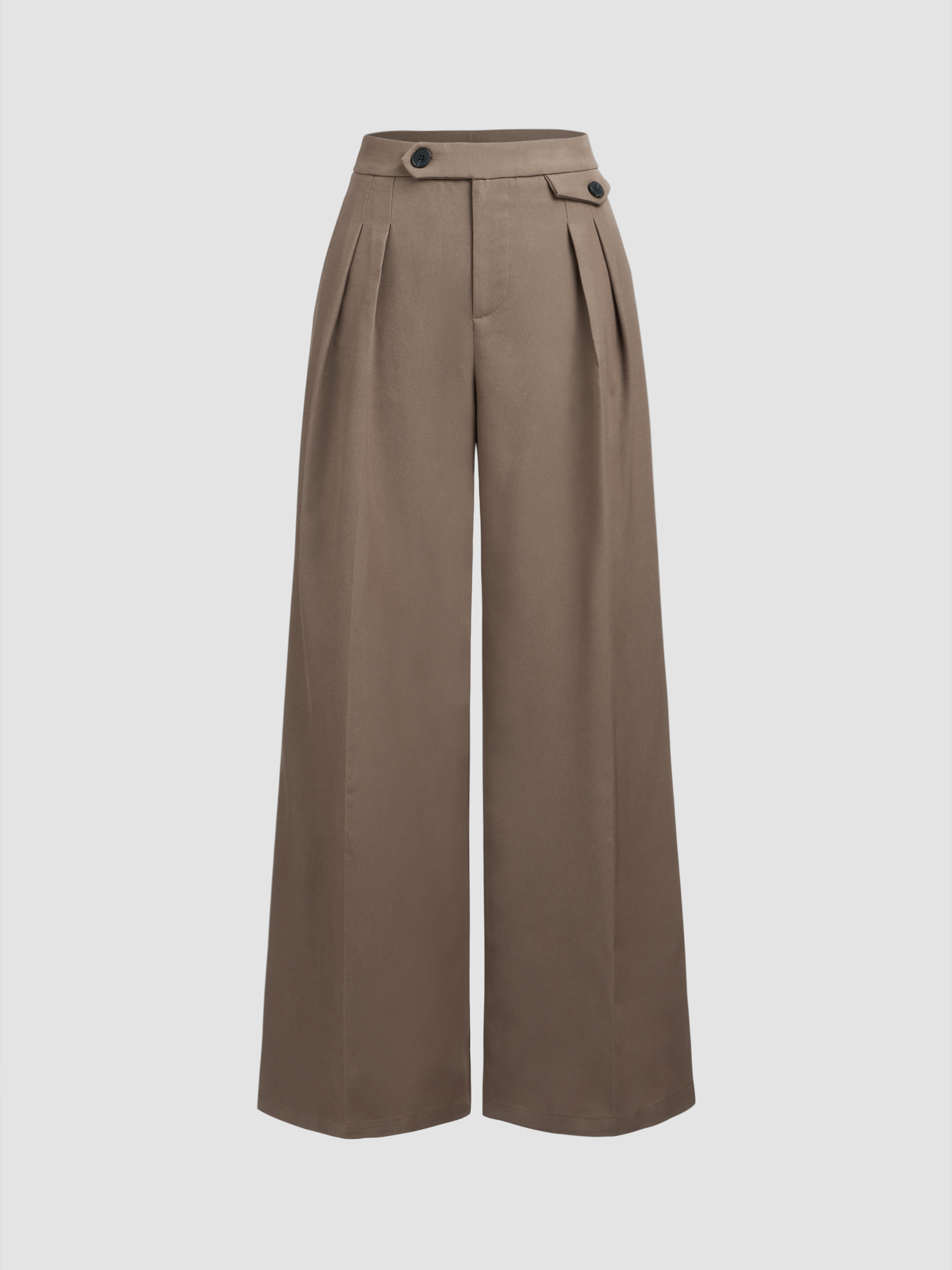 Woven Mid Waist Solid Button Straight Leg Trousers