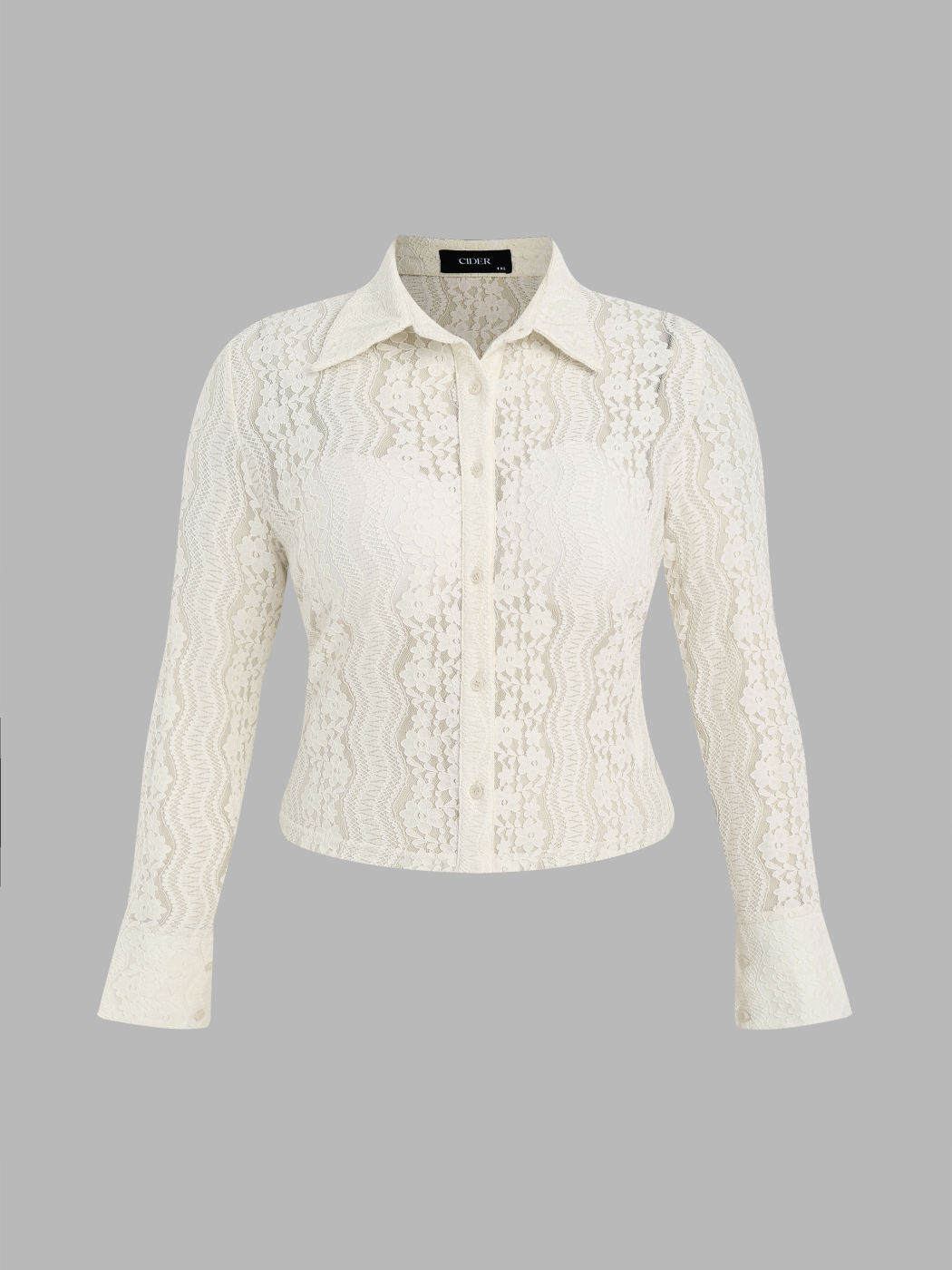  Spitzen-Polo Blumenknopf Langarm Bluse Kurve & Plus