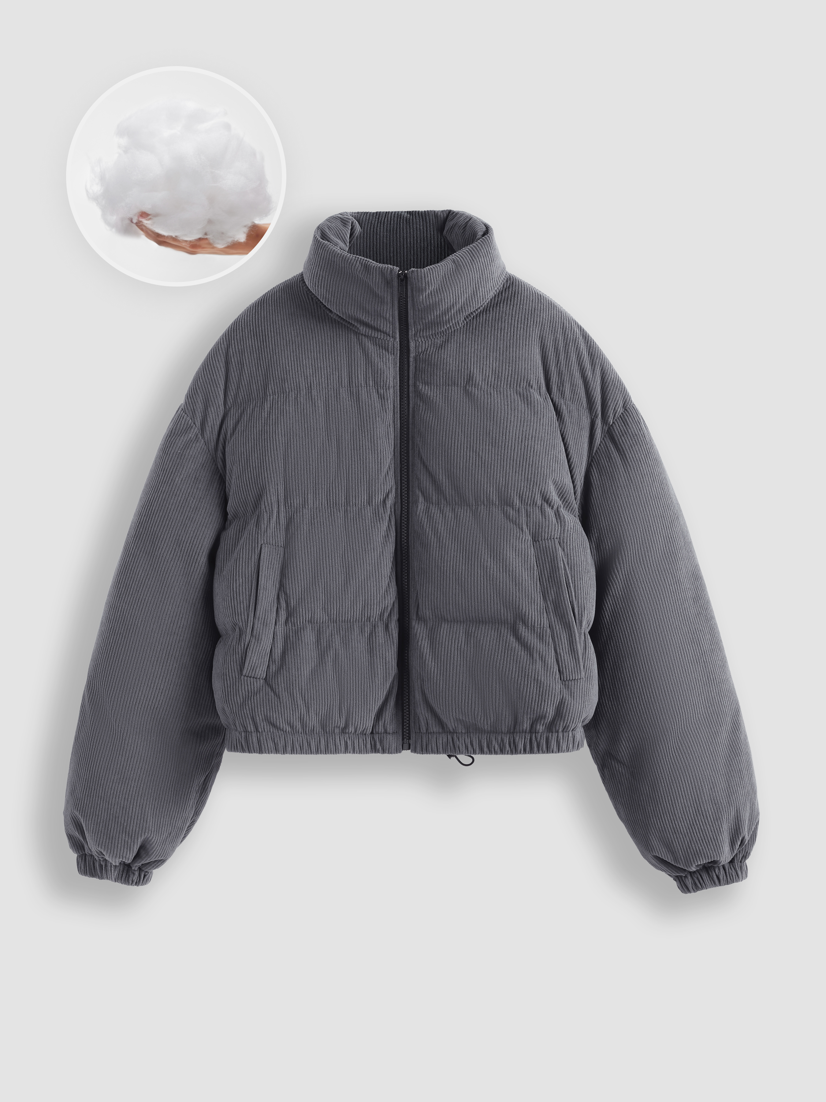 Corduroy Stand Collar Solid Pocket Puffer Jacket