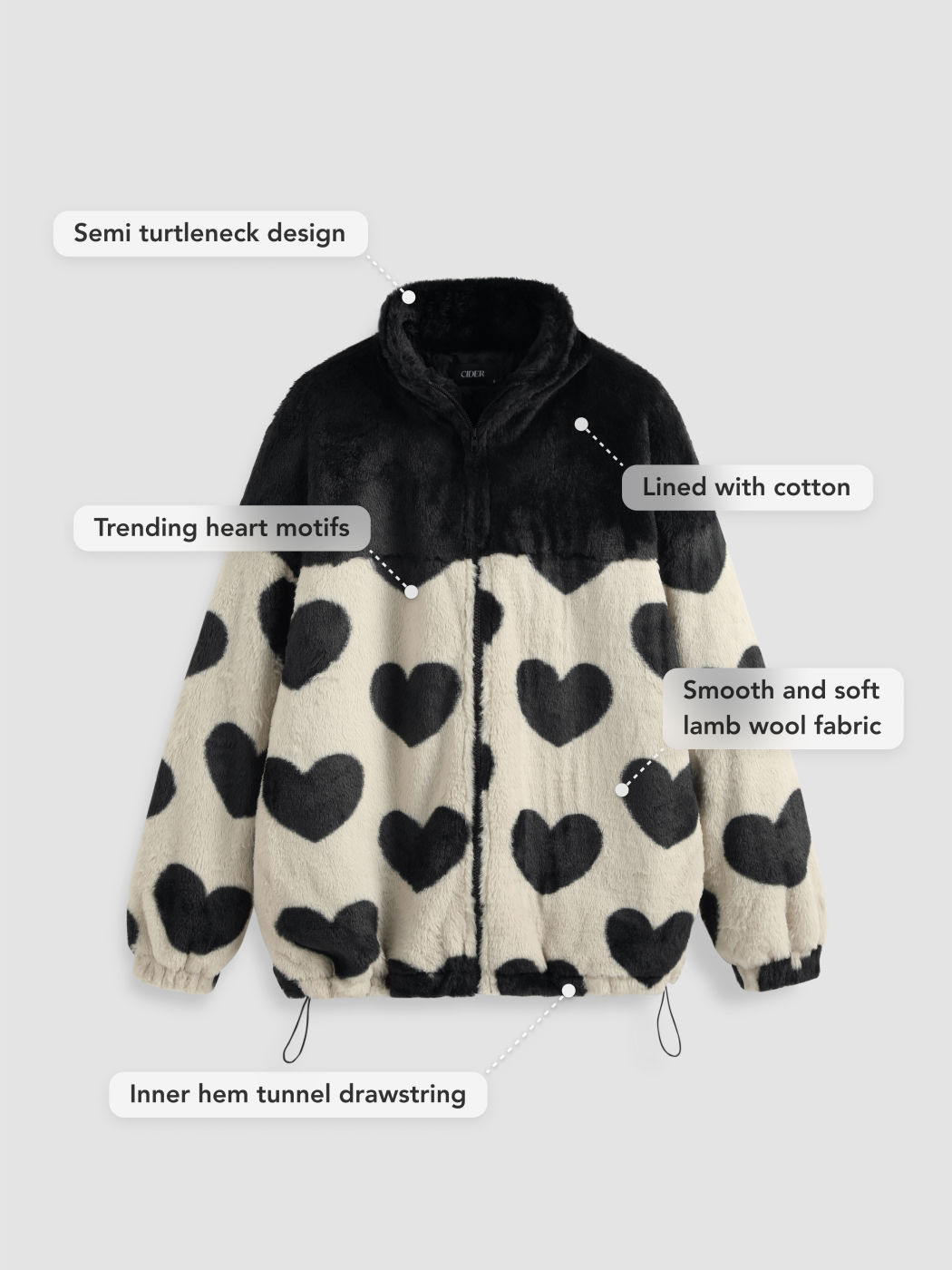 Zip Front Heart Fleece Jacket