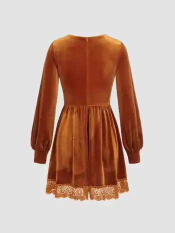 Samt V-Ausschnitt Spitzen Minikleid