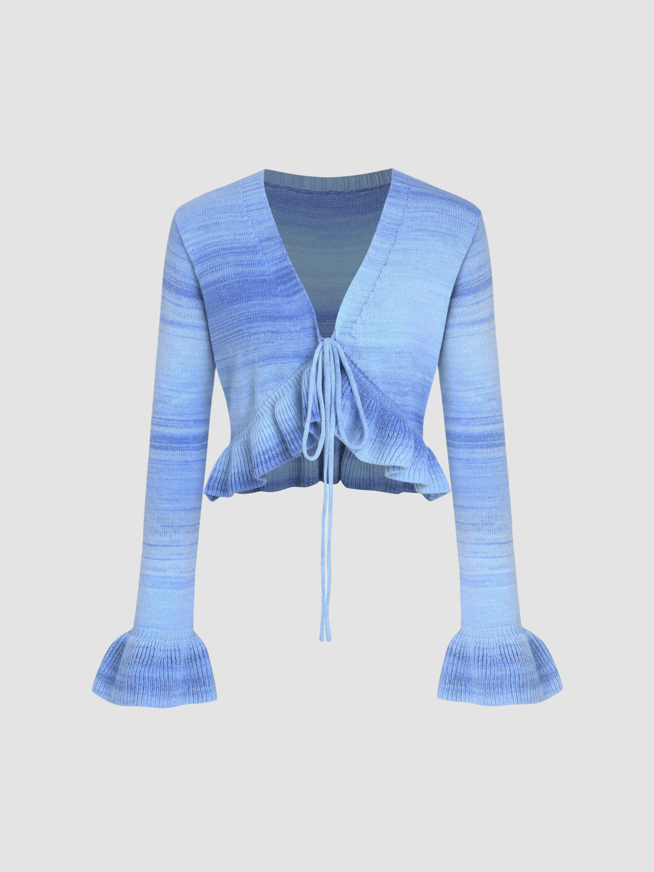 Knit Fabric V Neck Gradient Bowknot Bell Sleeve Cardigan For