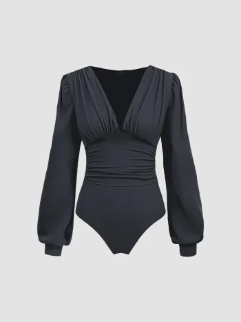 Jersey V-Ausschnitt Einfarbiger Rüschen-Bodysuit