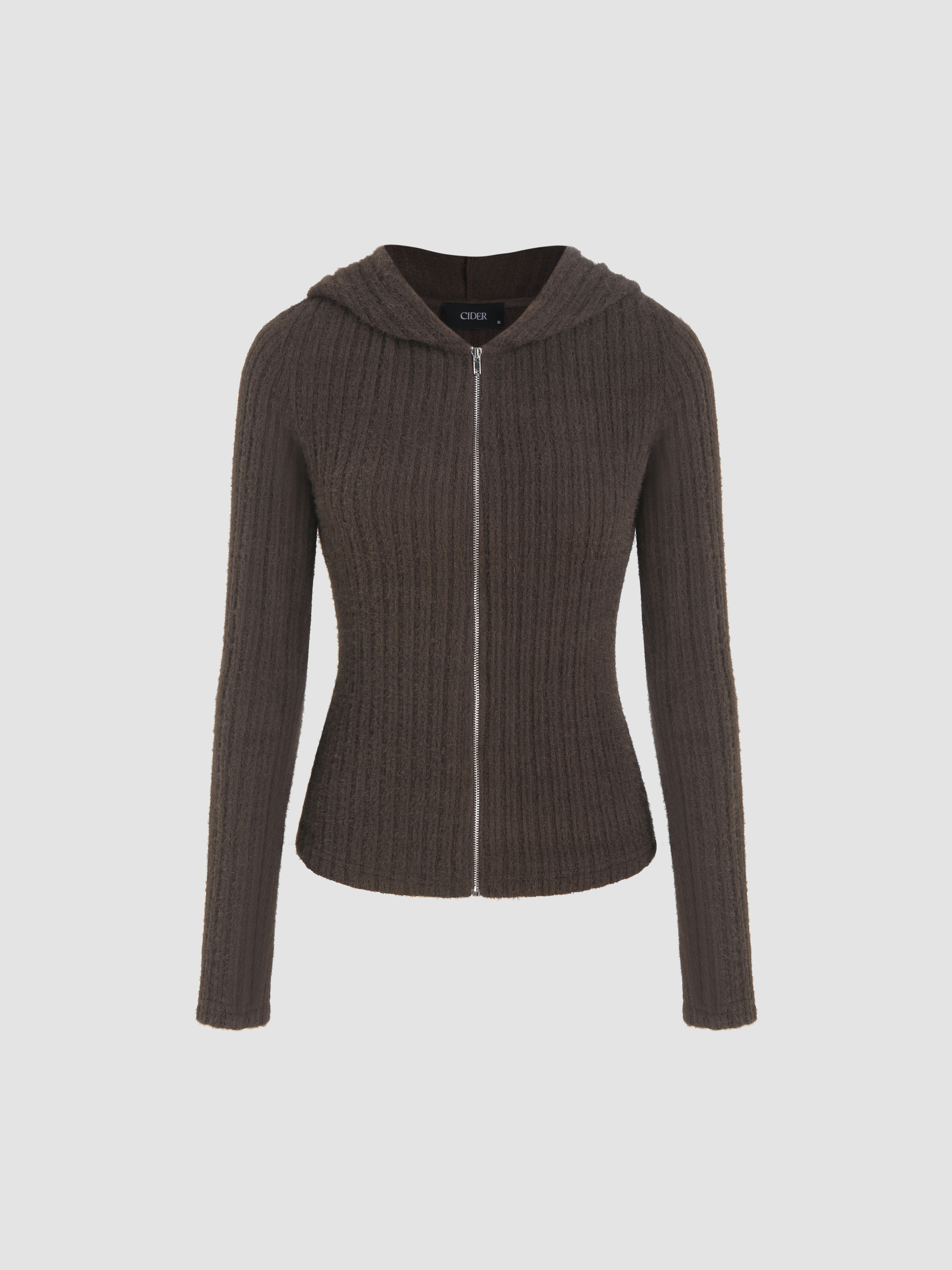 Knit Fabric Fuzzy Solid Zipper Long Sleeve Hoodie For School
