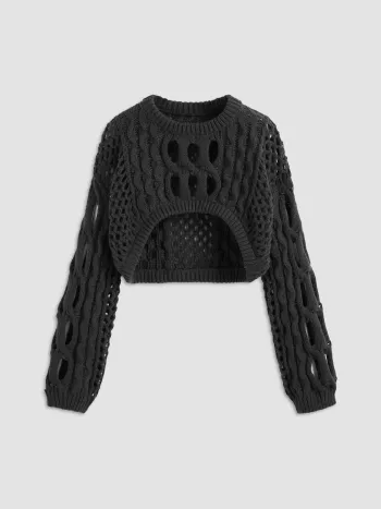 Strick Rundhalsausschnitt Hollow Out Langarm Crop Top