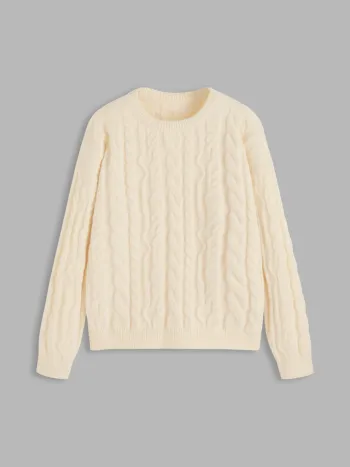 Kabelstrick-Strickpullover mit Rundhals und langen Ärmeln