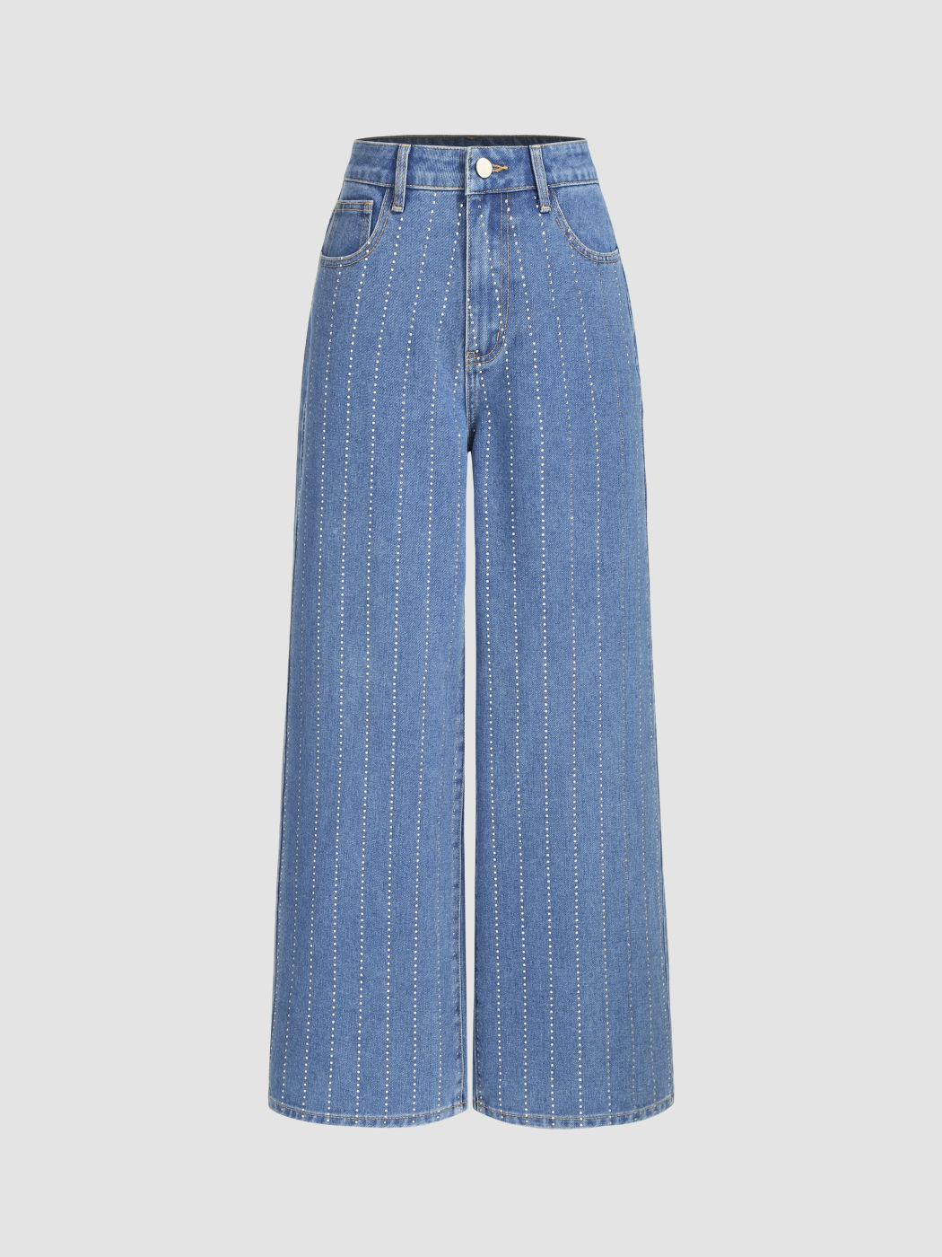  Hochtaillierte einfarbige Jeans mit Strassknopf und geradem Bein