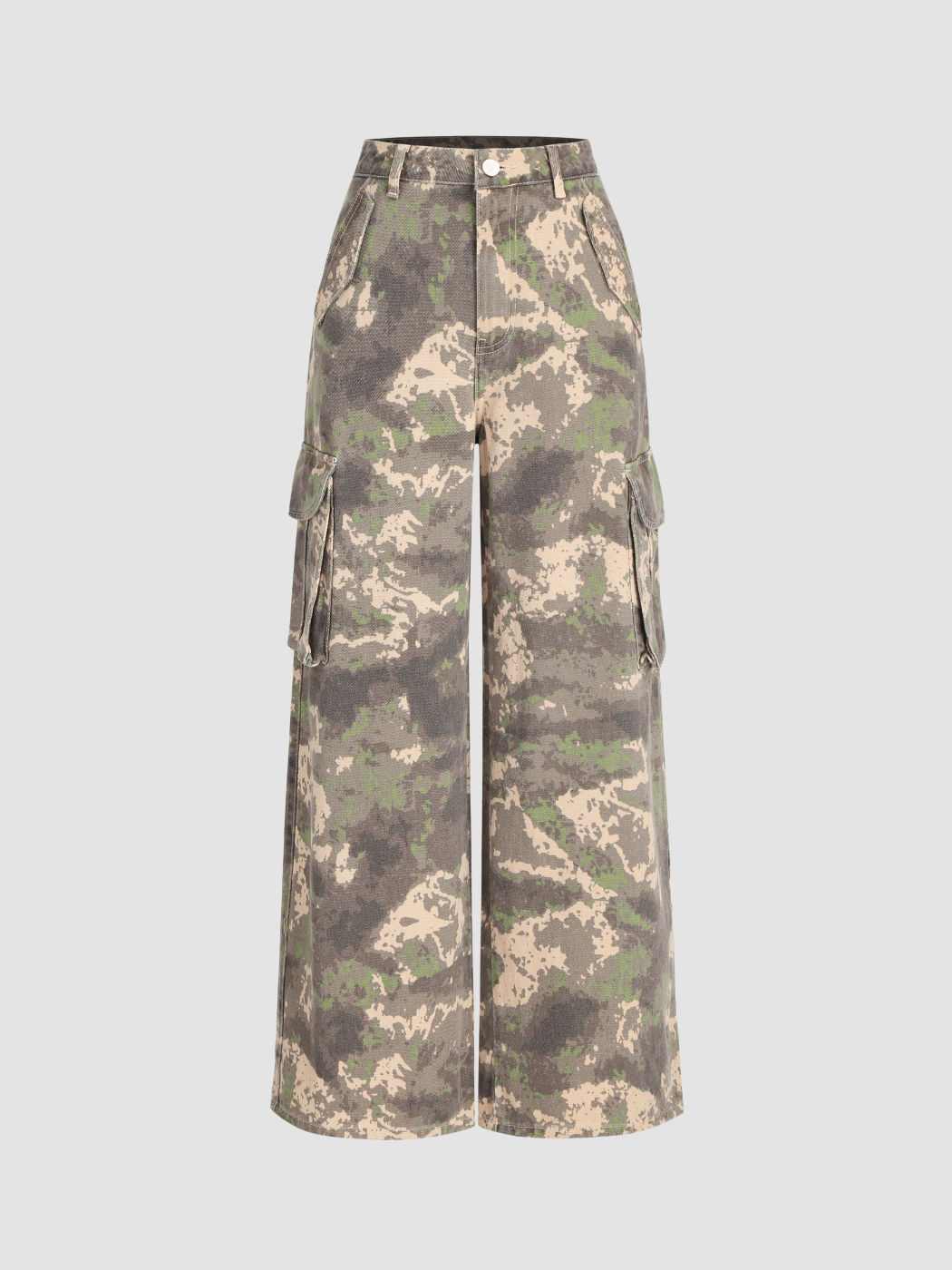 Hohe Taille Camo Knopf Cargo Weite Bein Jeans