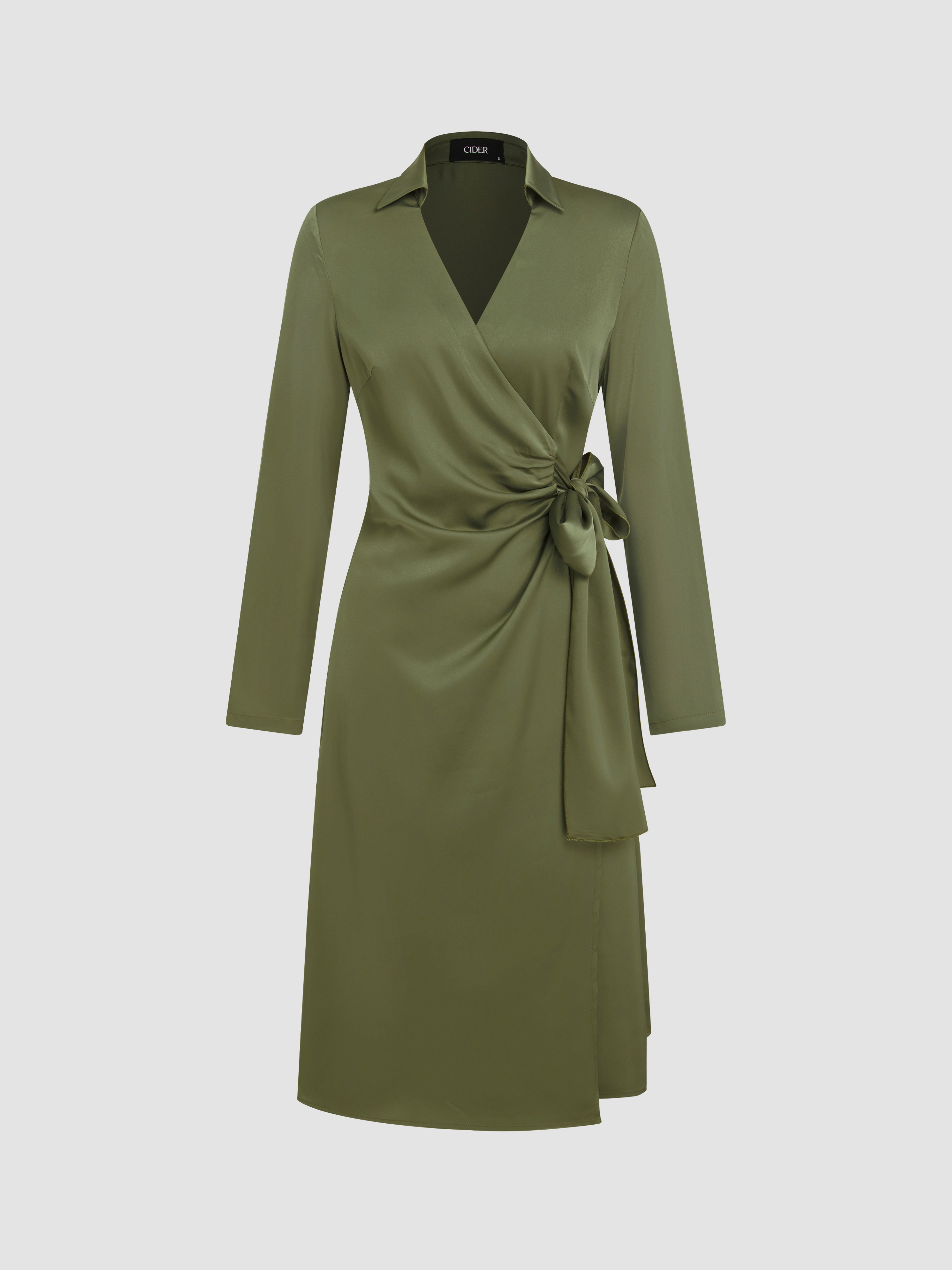Satin Shop Satin Satin V-neck Wrap Knotted Midi Dress For Daily Casual Work