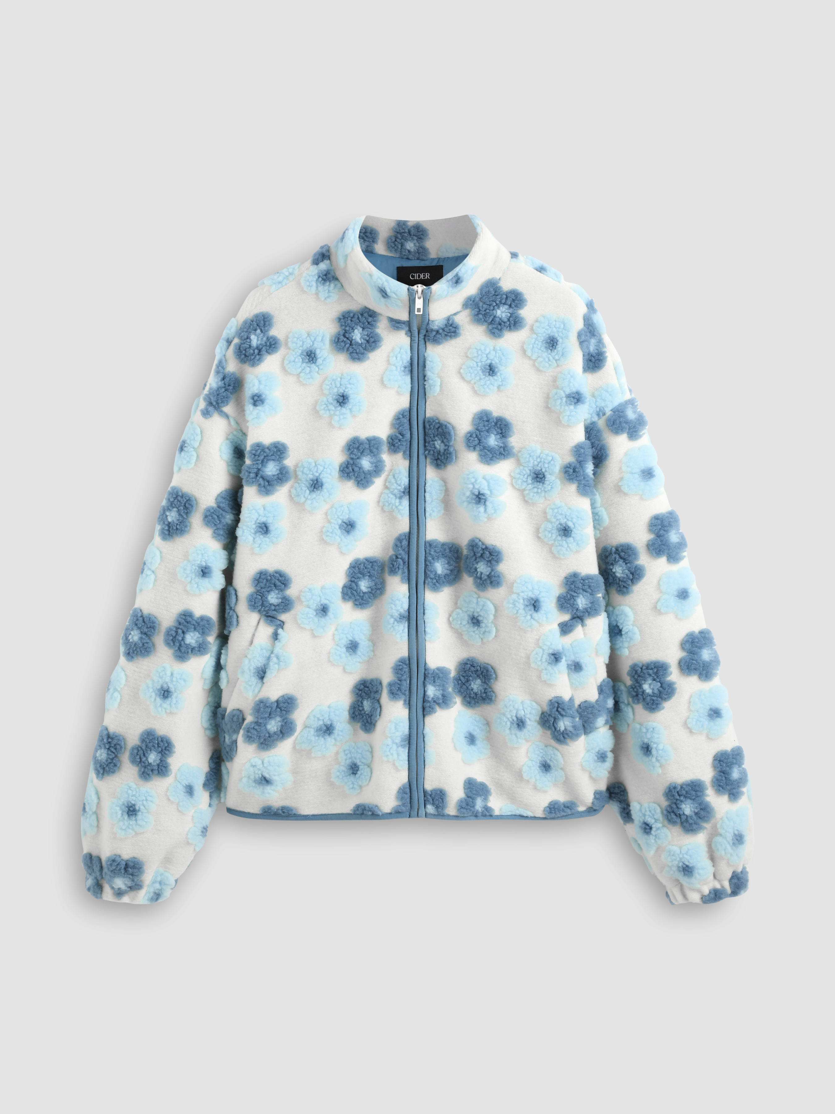 Floral Pattern Fleece Stand Collar Zip Jacket - Cider