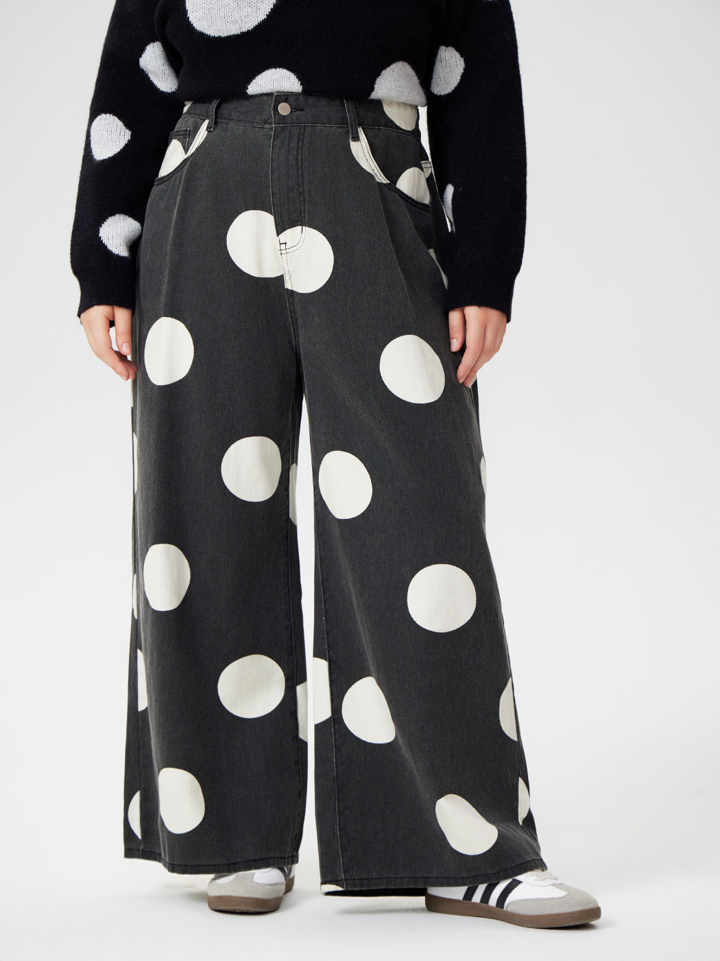 Denim Polka Dot Wide Leg Jeans Curve & Plus