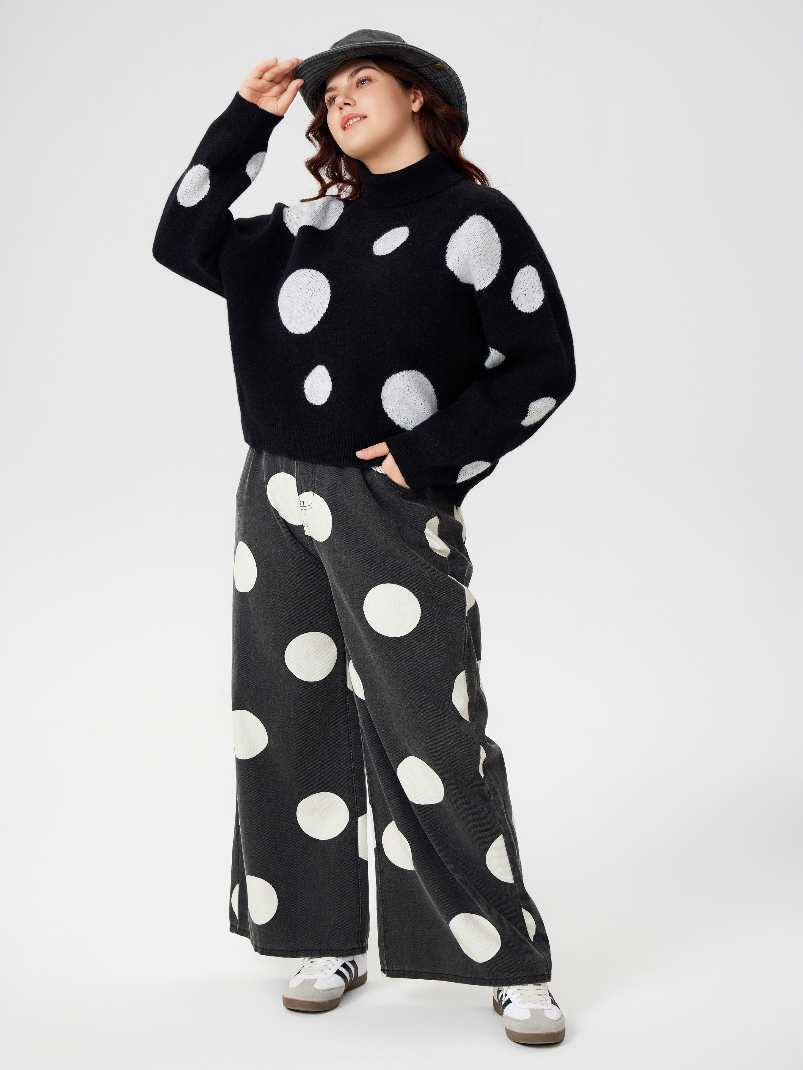 Denim Polka Dot Wide Leg Jeans Curve & Plus For Daily Casual