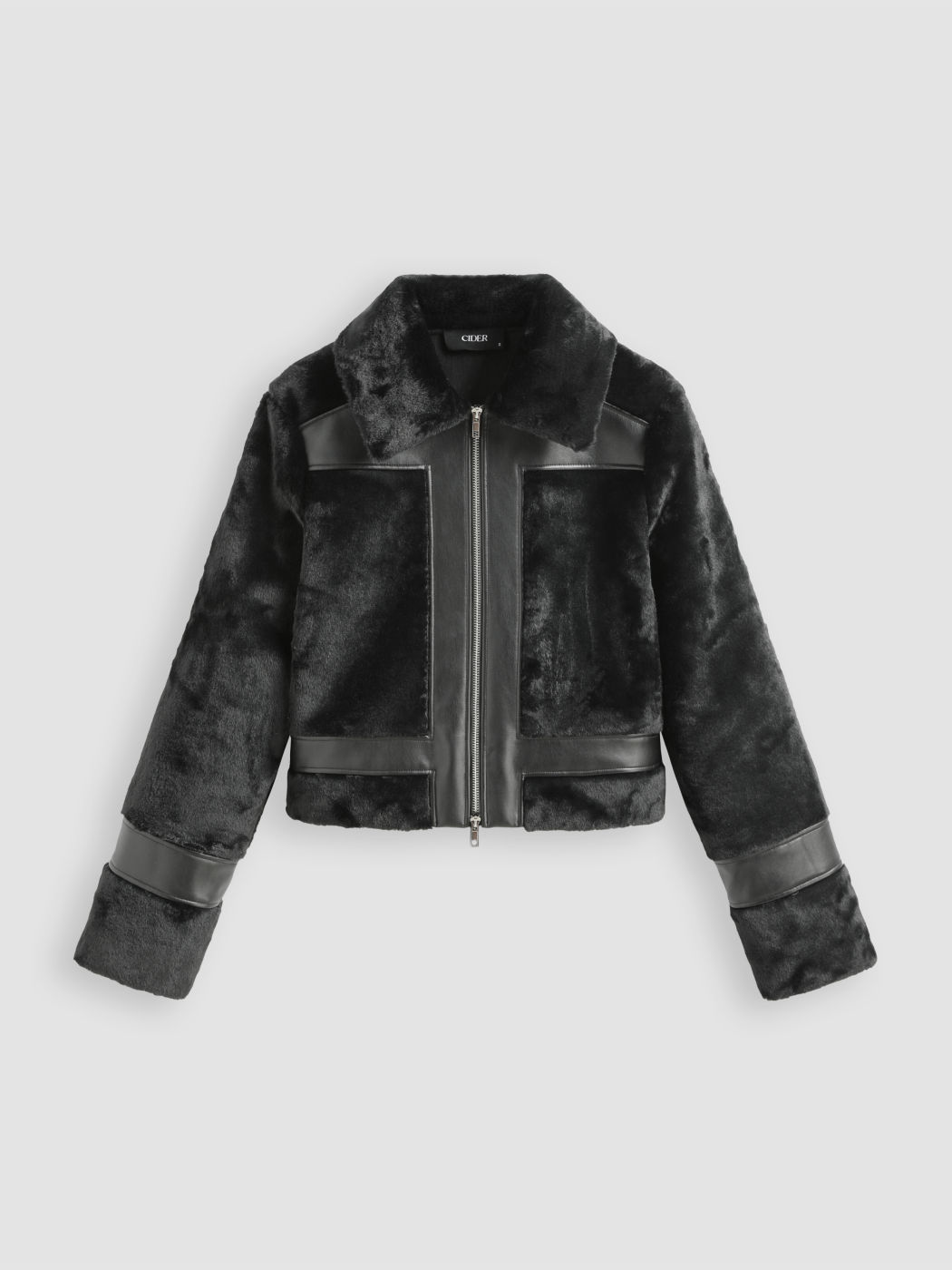 Faux Shearling & Leather Collar Patched Cropped Jacket