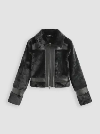 Faux Shearling & Lederkragen Patch Cropped Jacke