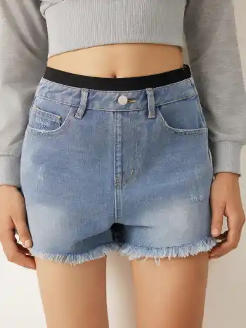  Mittlere Taille Solid Knopf Weites Bein Jeans Shorts