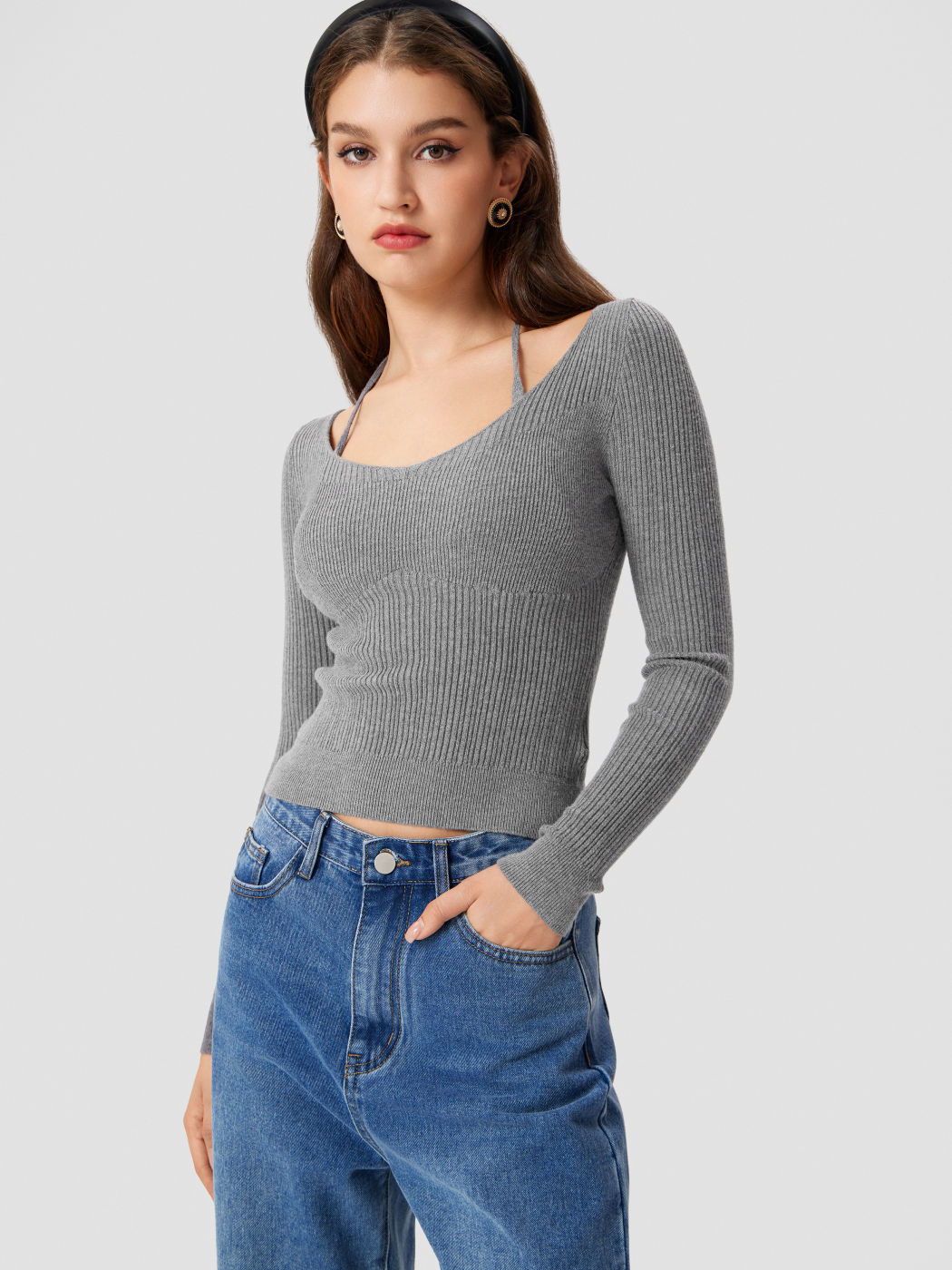 Halter Neckline Drawstring Long Sleeve Top