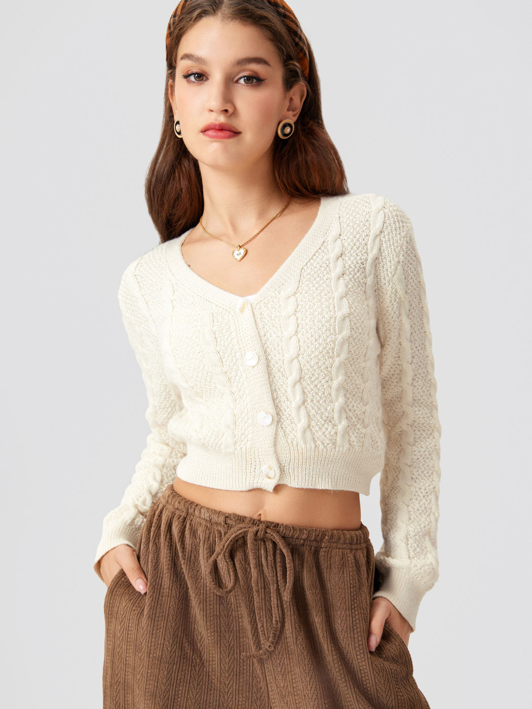 V-neck Cable Knit Button Cardigan