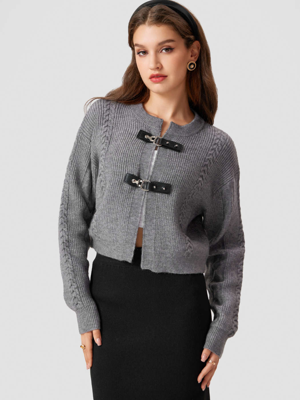 Knit Fabric Round Neck Buckle Cardigan For School Daily Casual