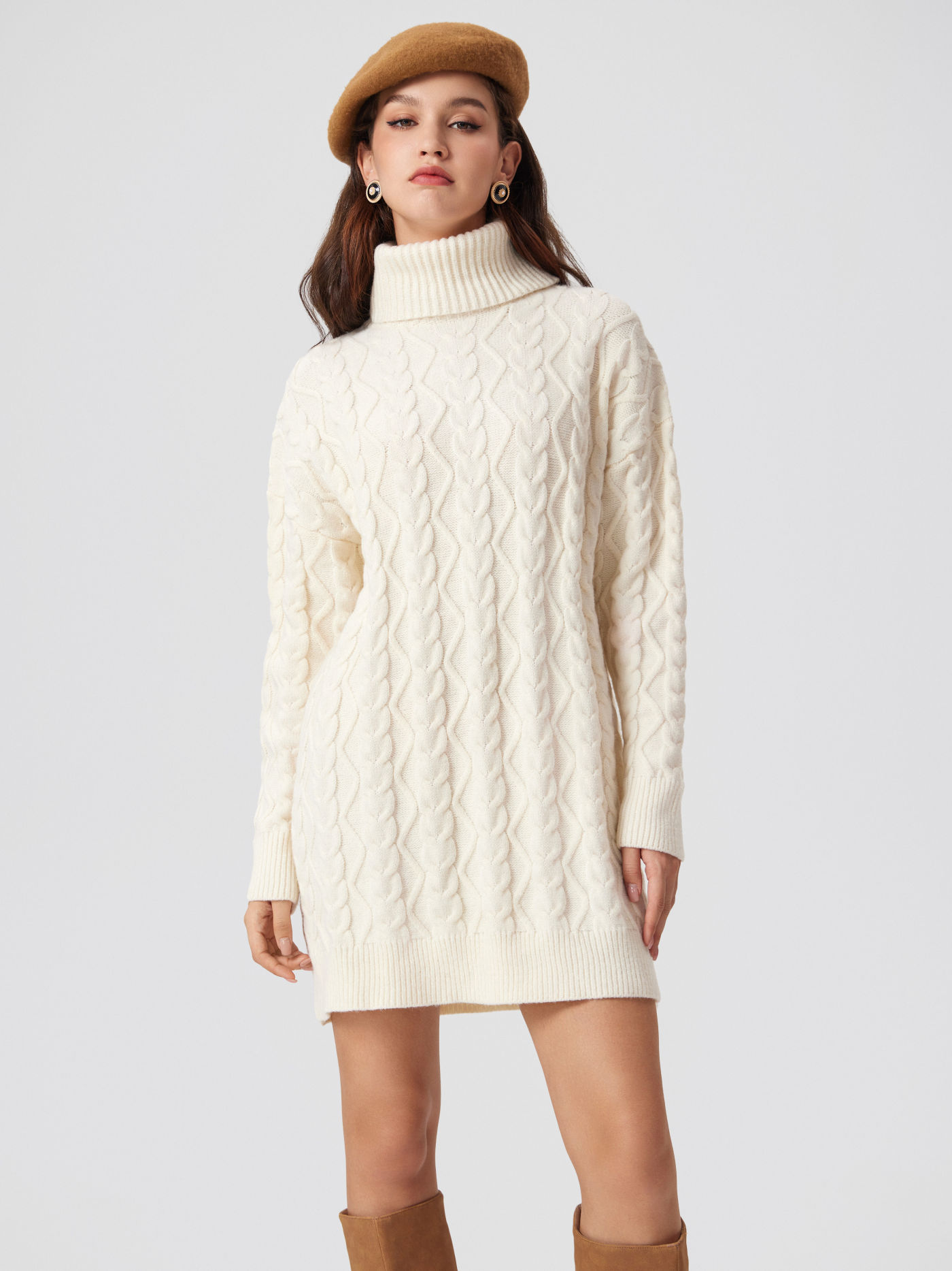 Robe en Maille Côtelée à Col Haut