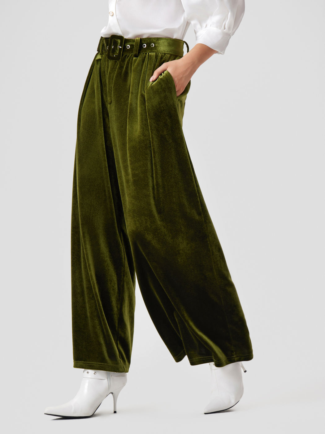 Velvet Mid Waist Pocket Wide Leg Trousers With Belt