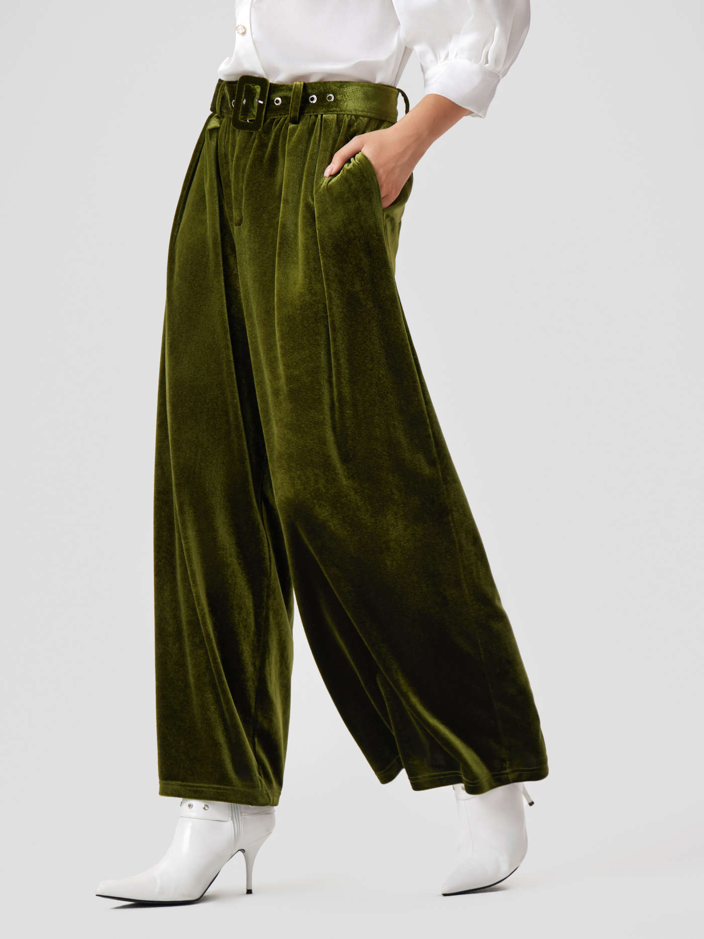 Velvet Mid Waist Pocket Wide Leg Trousers With Belt