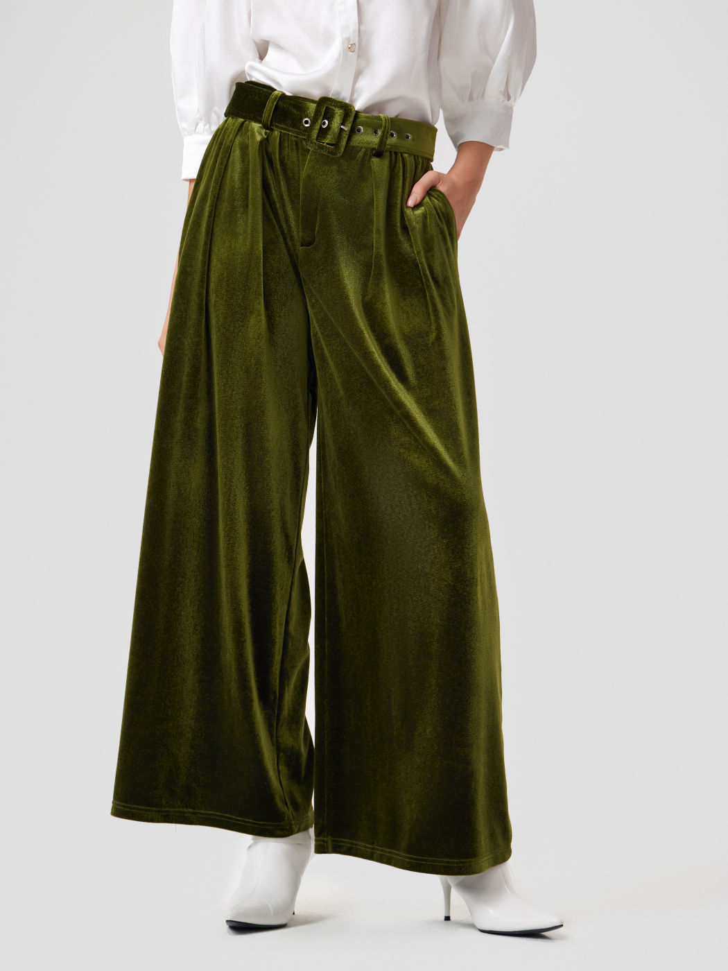 Velvet Mid Waist Pocket Wide Leg Trousers With Belt