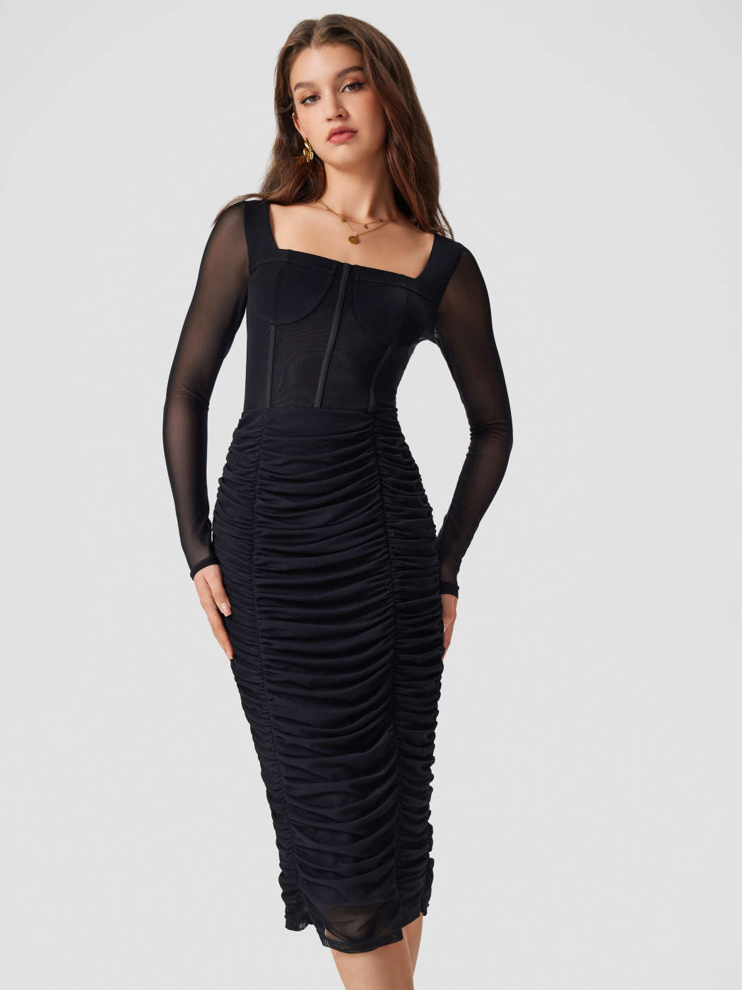 Black Corset Dress - Mesh Midi Dress - Bodycon Dress
