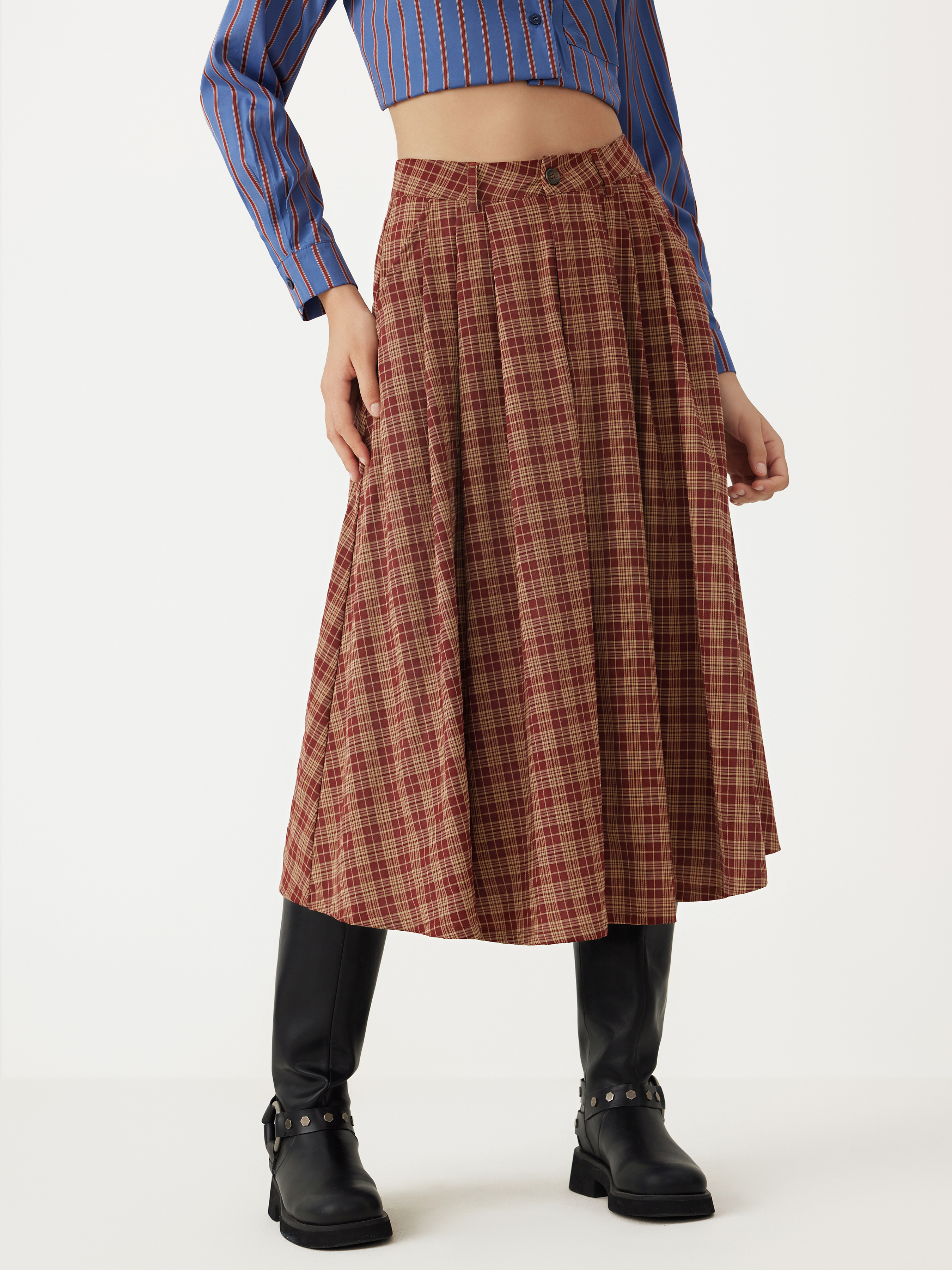 Mid Waist Check Pocket Ruffle Zip Maxi Skirt