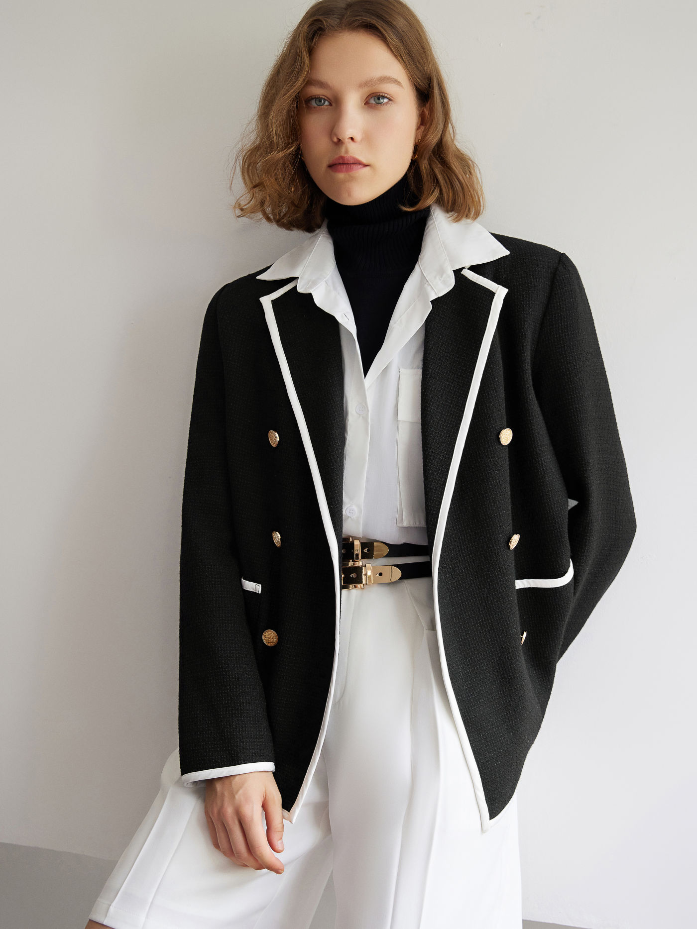 Tweed Collar Contrasting Binding Button Pocket Blazer