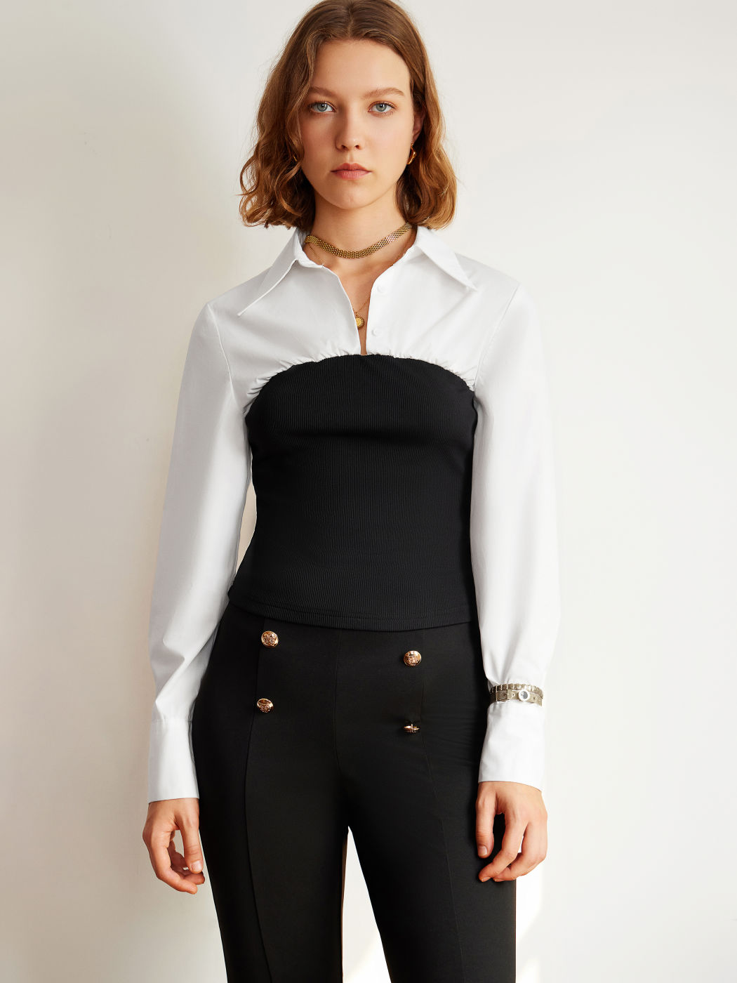 Collar Patchwork Button Long Sleeve Blouse