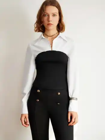 Collar Patchwork Button Long Sleeve Blouse