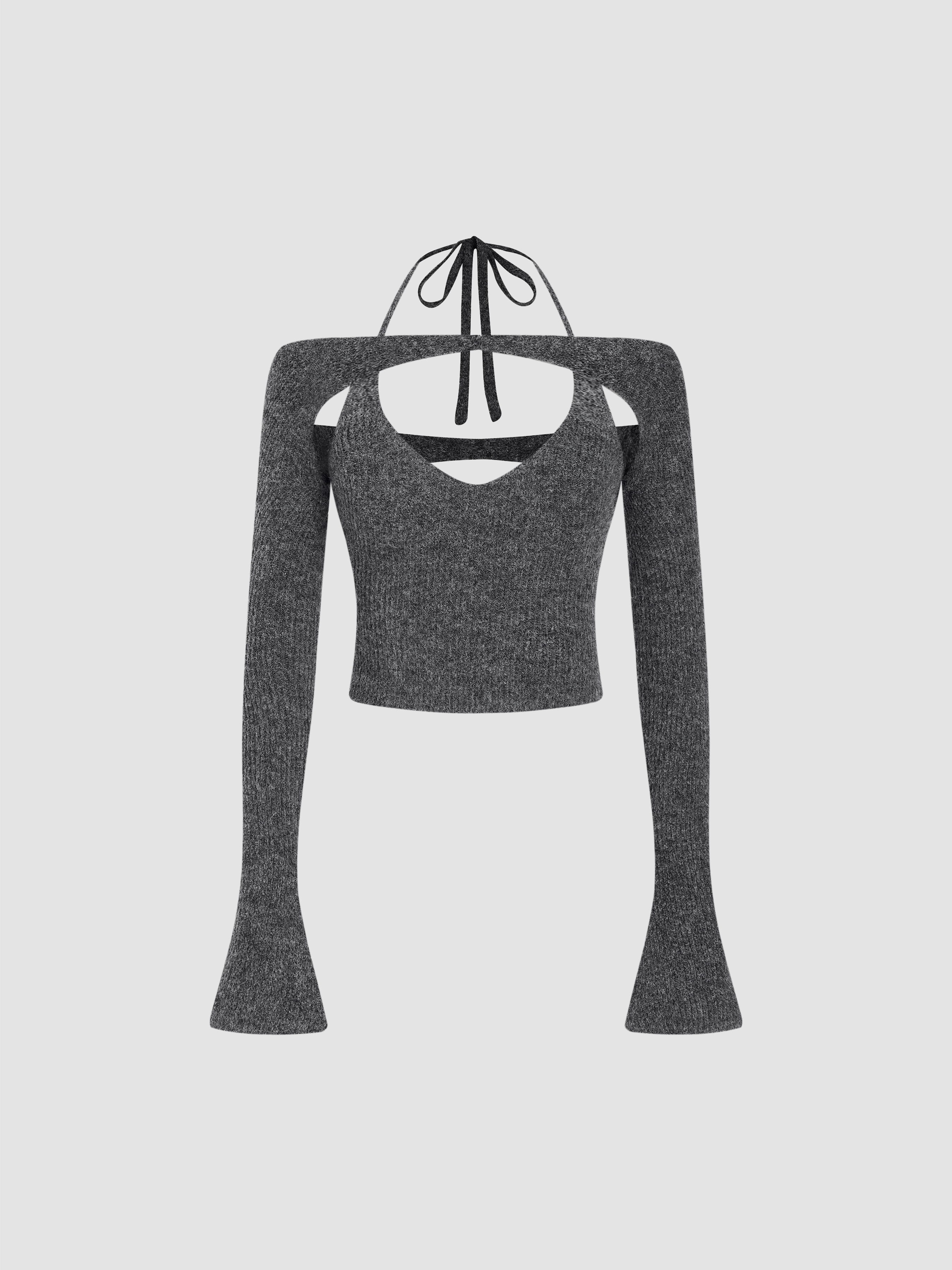 Knit Fabric Wool-blend Halter Neckline Solid Knitted Long