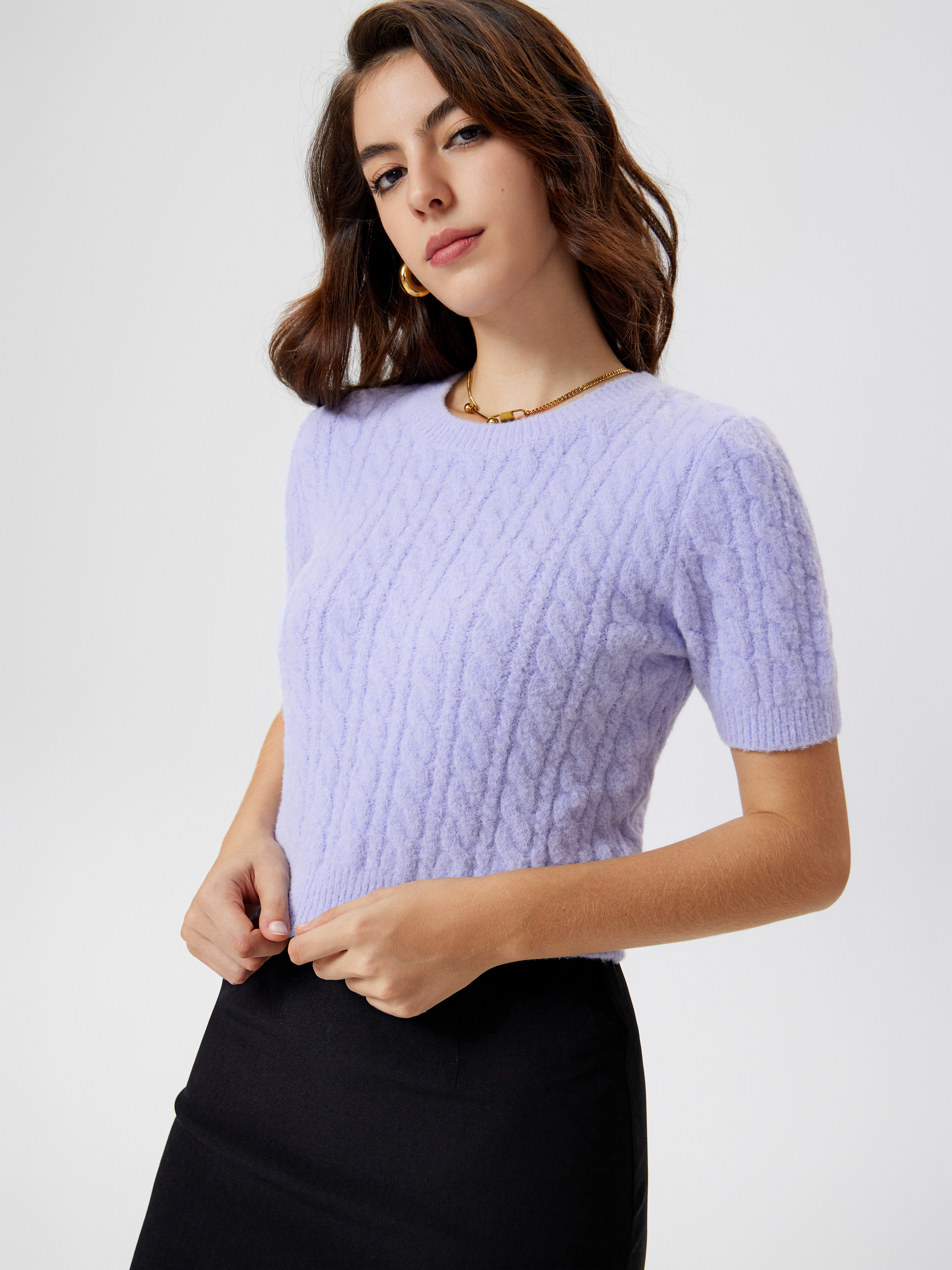 Wool-blend Cable Knit Round Neckline Short Sleeve Top