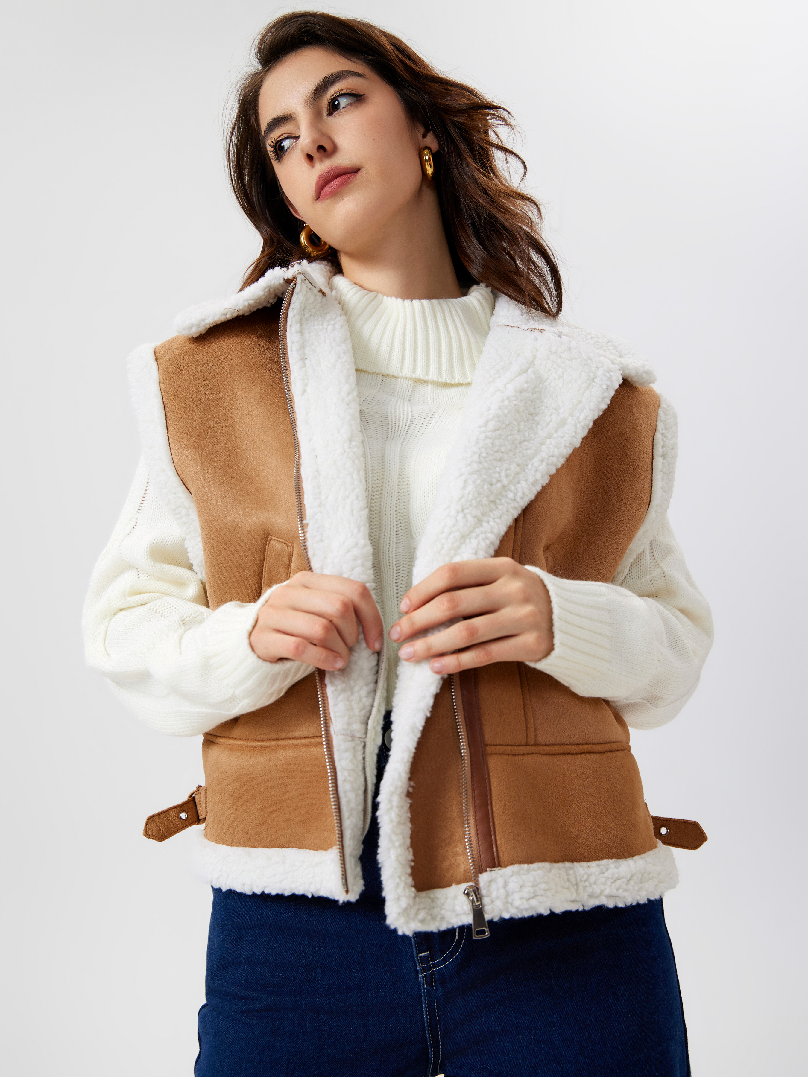 Patchy Faux Shearling Collar Jacket - Cider