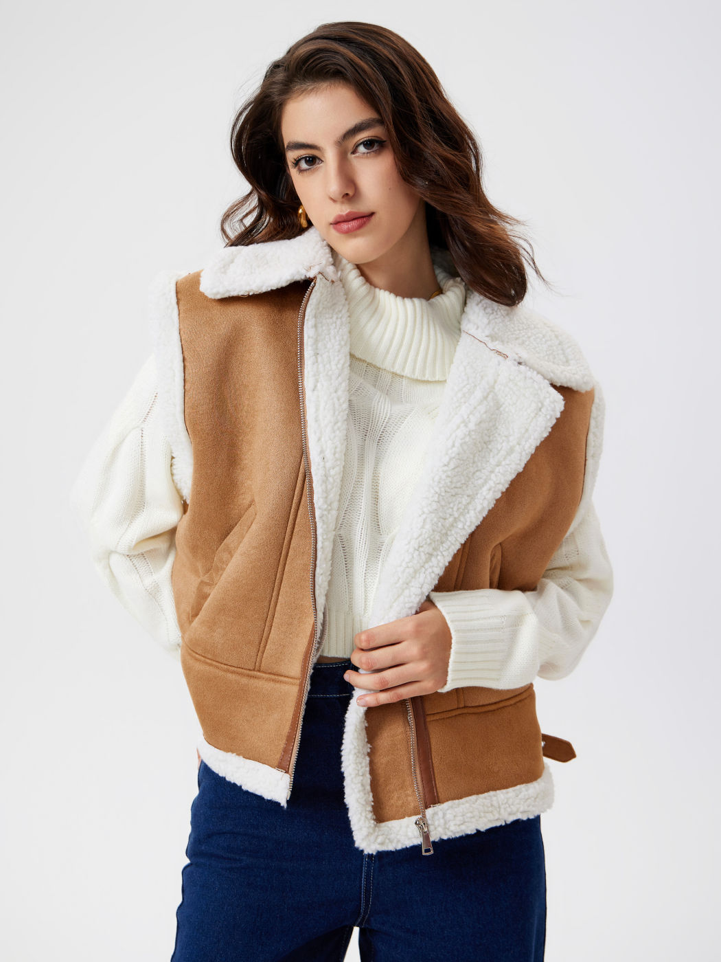  Faux Shearling Kragen Solid Tasche Weste