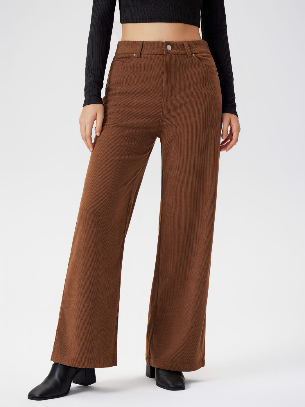 Corduroy Mid Waist Solid Zipper Wide Leg Trousers