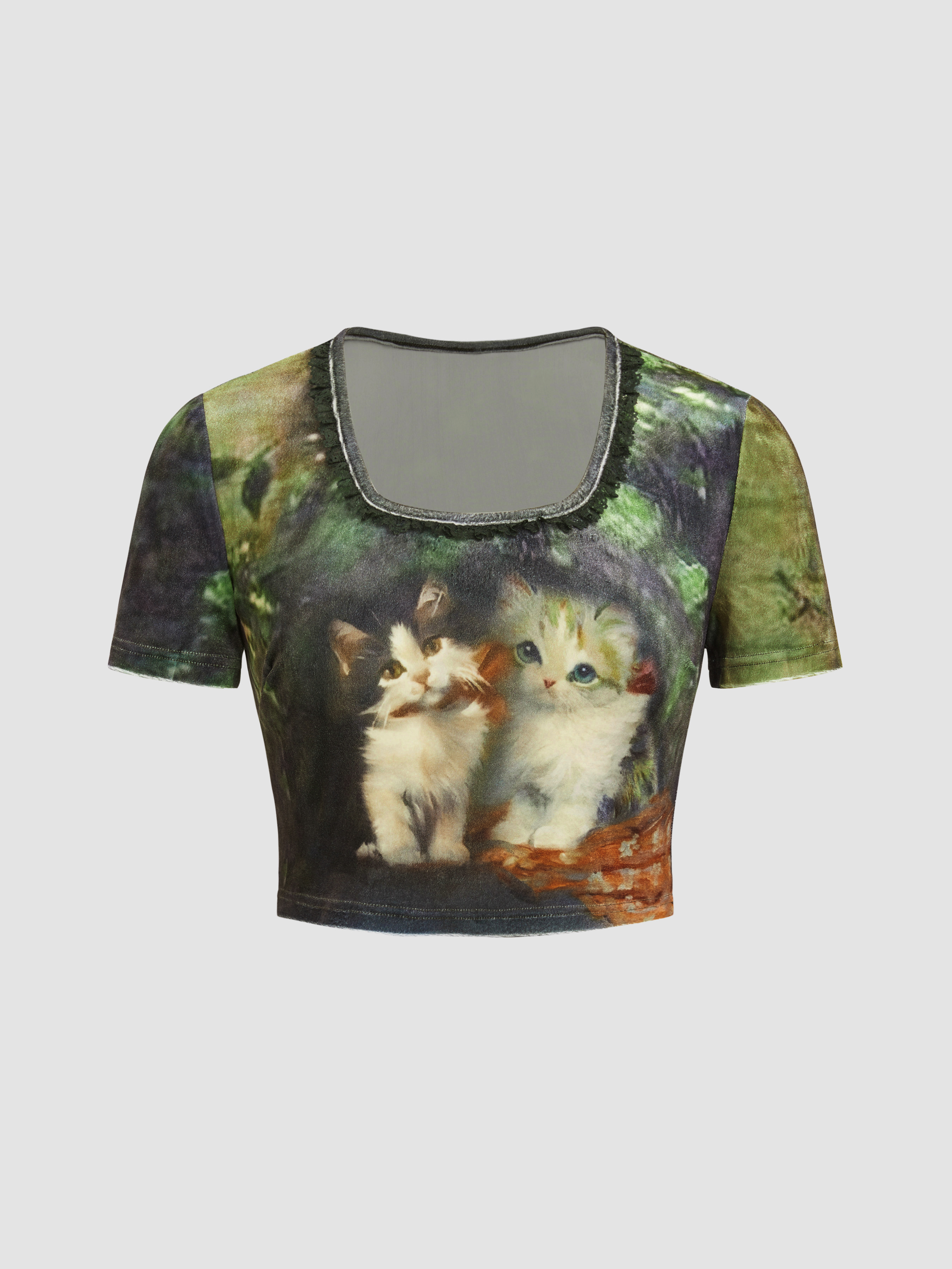 Square Neck Cat Short Sleeve Top For Daily Casual School