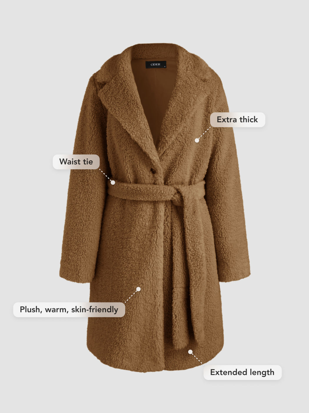 Fleece Collar Solid Belted Coat