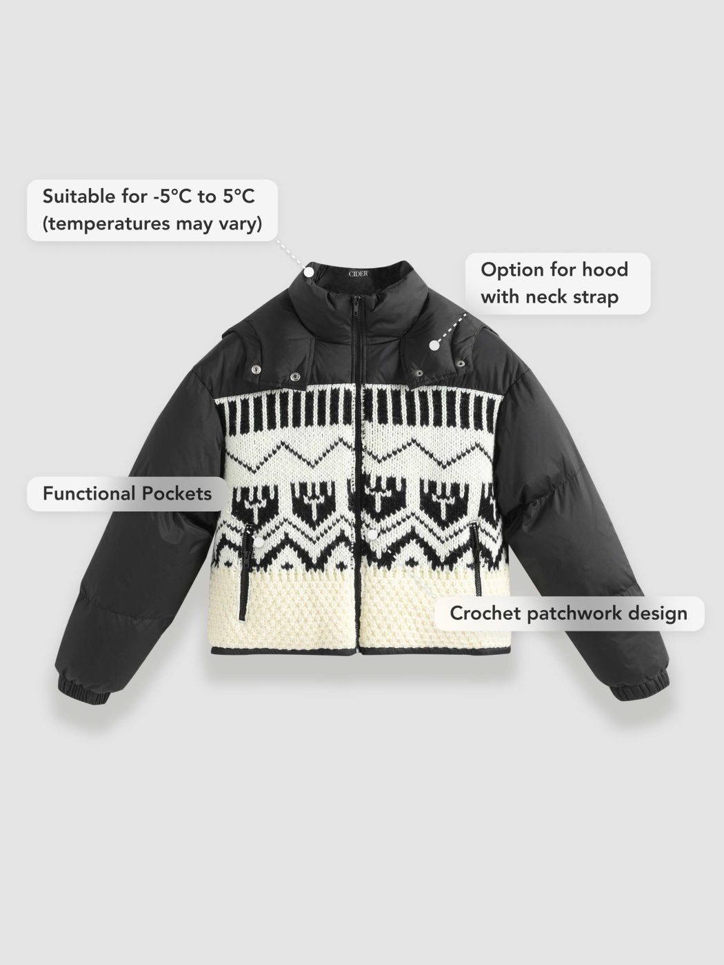 Knit Fabric Stand Collar Aztec Drawstring Pocket Puffer Jacket For ...