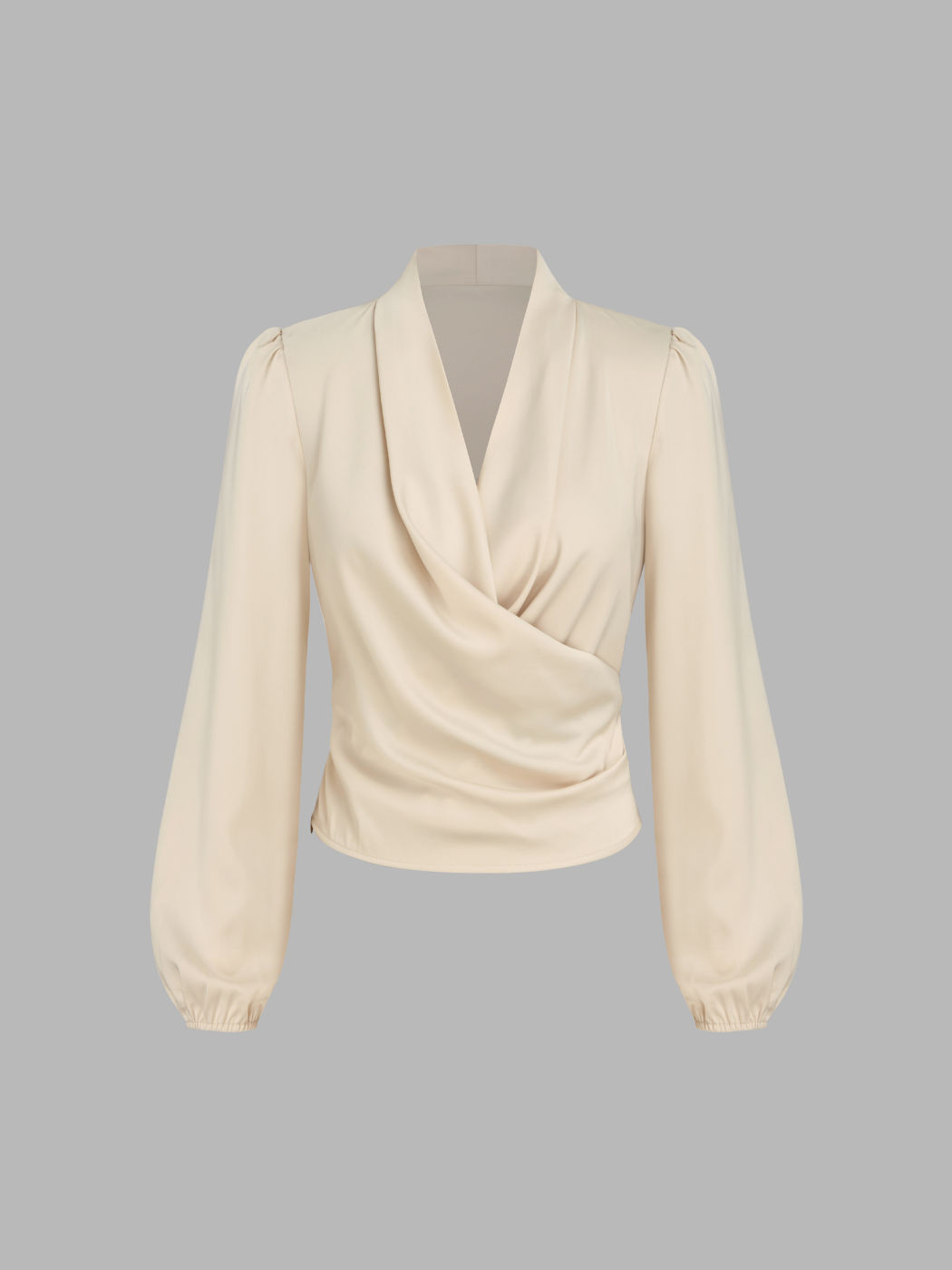 Taupe Satin V-Neck High-Low Blouse