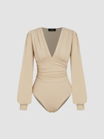 Jersey V-Ausschnitt Einfarbiger Rüschen-Bodysuit