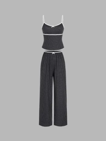 Polka-Dot Spitze Schleife Lounge-Tank-Top & Hosen-Set