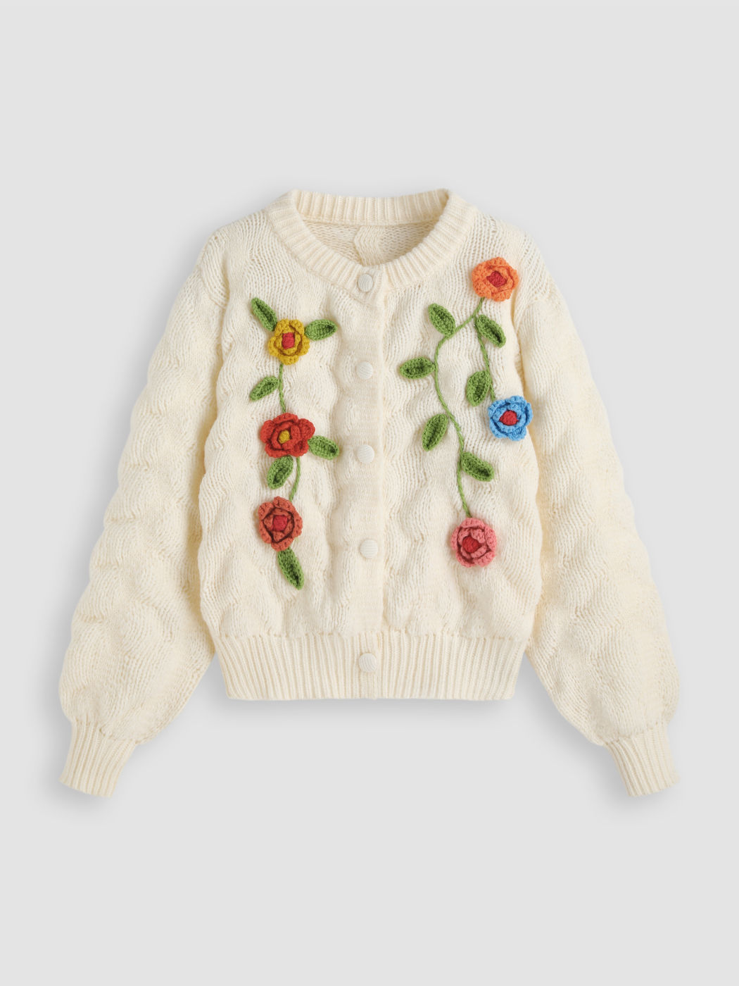 Round Neck Embroidered Floral Button Cardigan For School Daily Casual